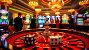 Vivez une action palpitante au casino en ligne France avec des jetons de poker et des dés dans un casino vibrant.