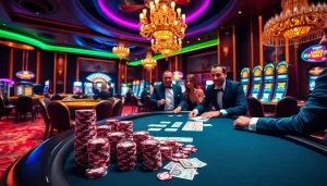 Scène engageante de jeu de casino en argent réel montrant l'excitation et la stratégie au poker et à la roulette.
