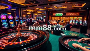 Engaging gamblers at mm88.com playing poker and roulette in a luxurious casino environment.