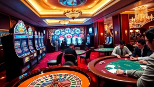 Action de jeu intense dans un casino en ligne argent réel luxueux avec des machines à sous colorées.