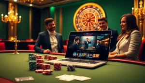 Scène captivante de joueurs profitant du casino en ligne argent réel avec des jetons de poker et une roulette.